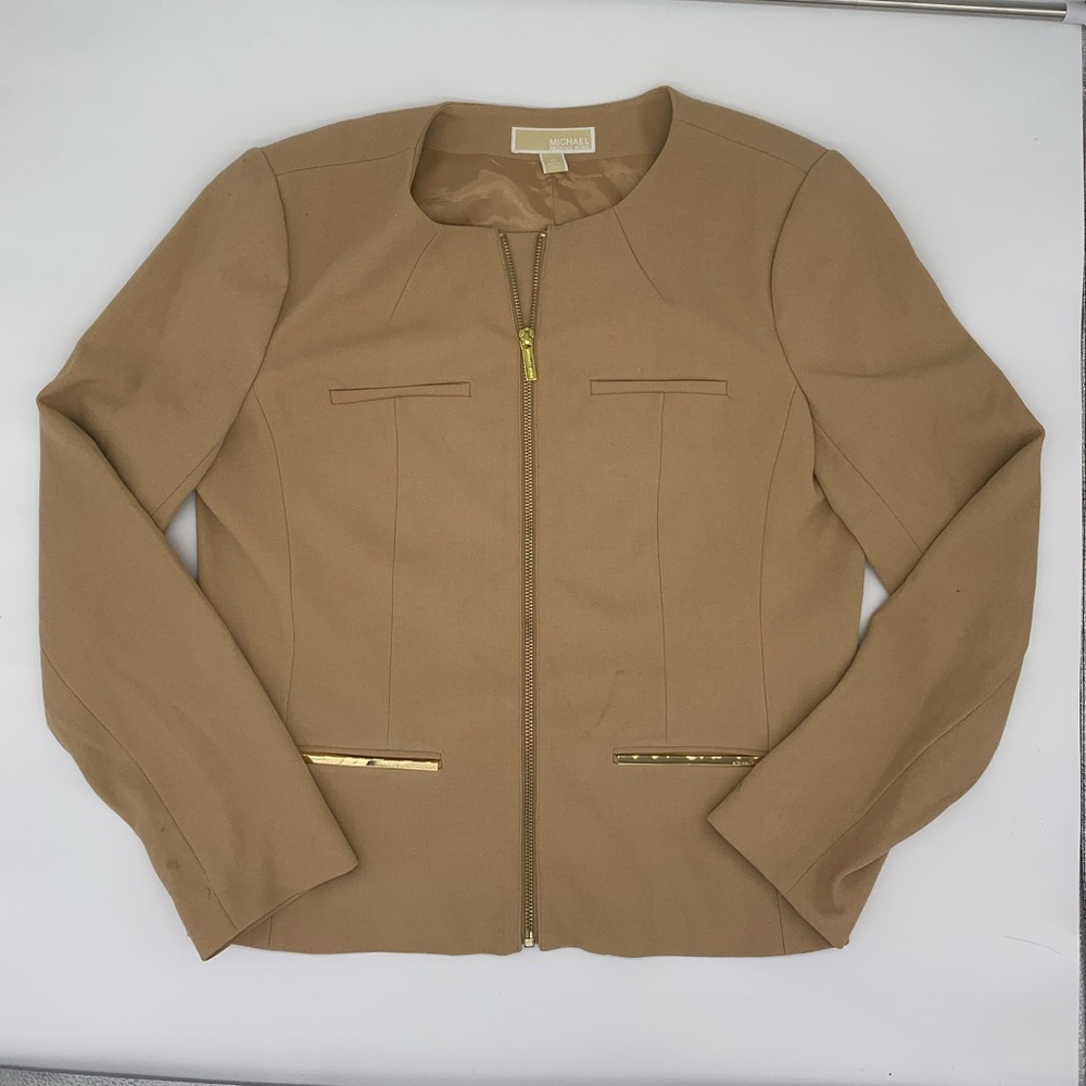 Michael Kors Zip Tan Blazer! Women’s Size 10 Pre Owned, Metal Detailing